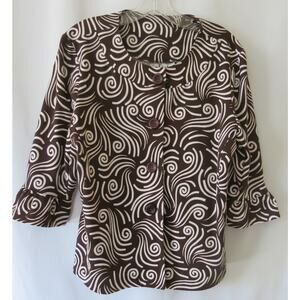 Links Boho Swirl Bell Sleeve Top Shirt  Size M Women Buttons Retro Brown White